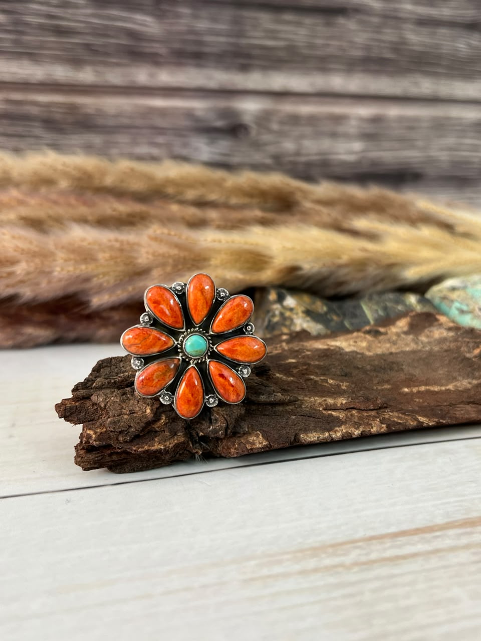 Handmade Sterling Silver Orange Mojave with Kingman Turquoise Adjustable Ring Signed Nizhoni