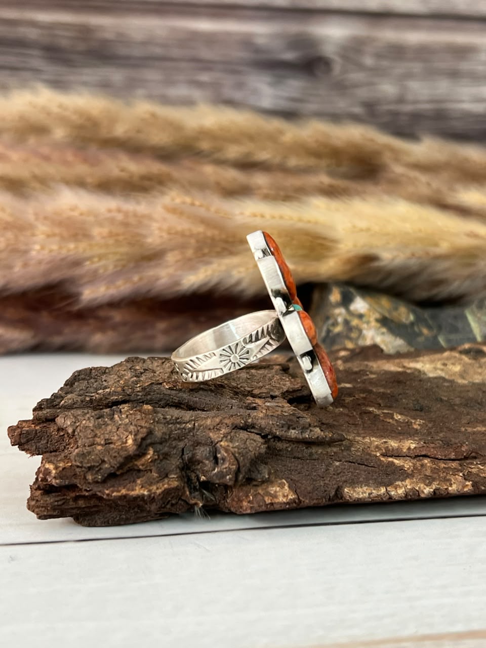 Handmade Sterling Silver Orange Mojave with Kingman Turquoise Adjustable Ring Signed Nizhoni