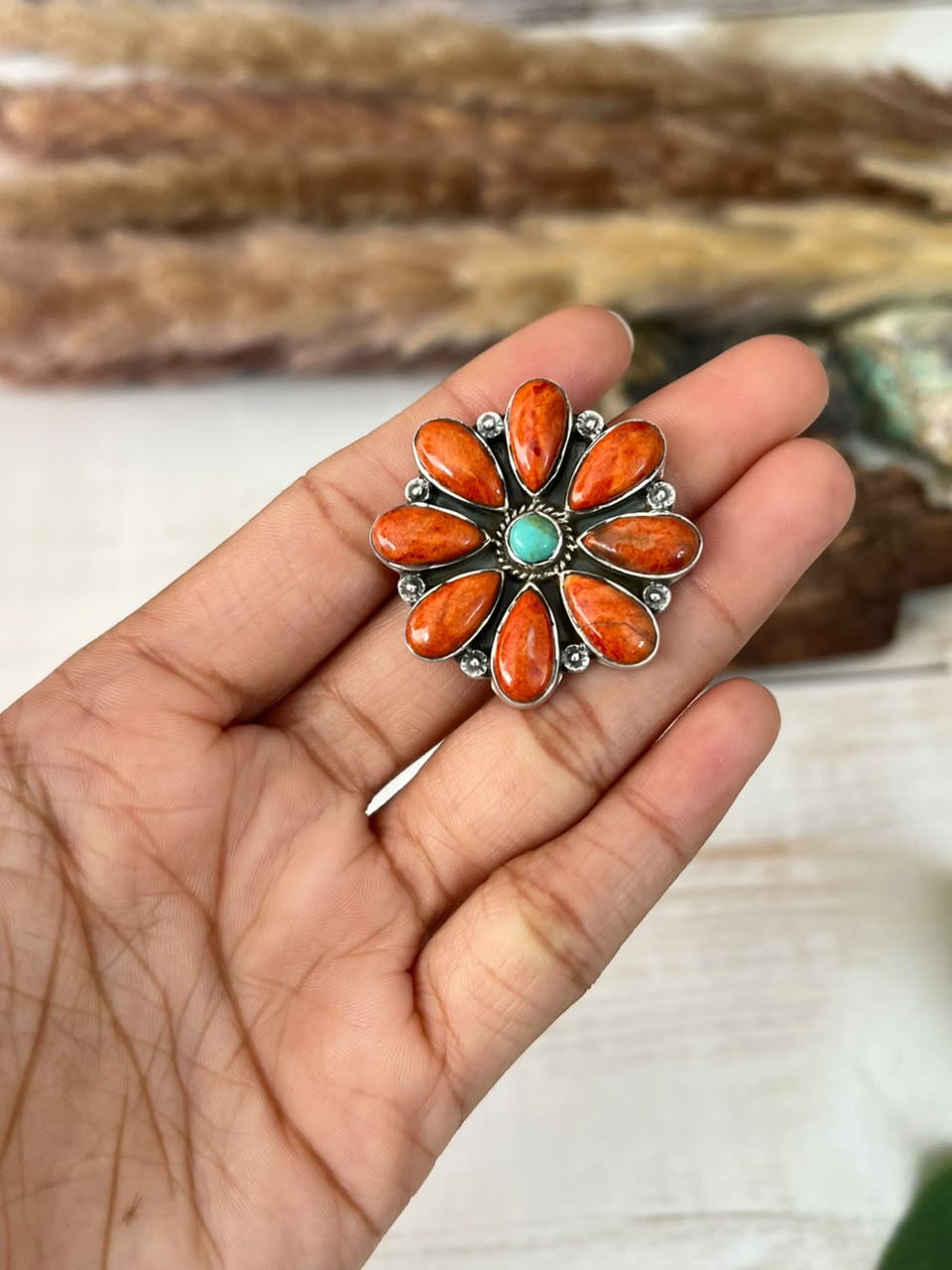 Handmade Sterling Silver Orange Mojave with Kingman Turquoise Adjustable Ring Signed Nizhoni