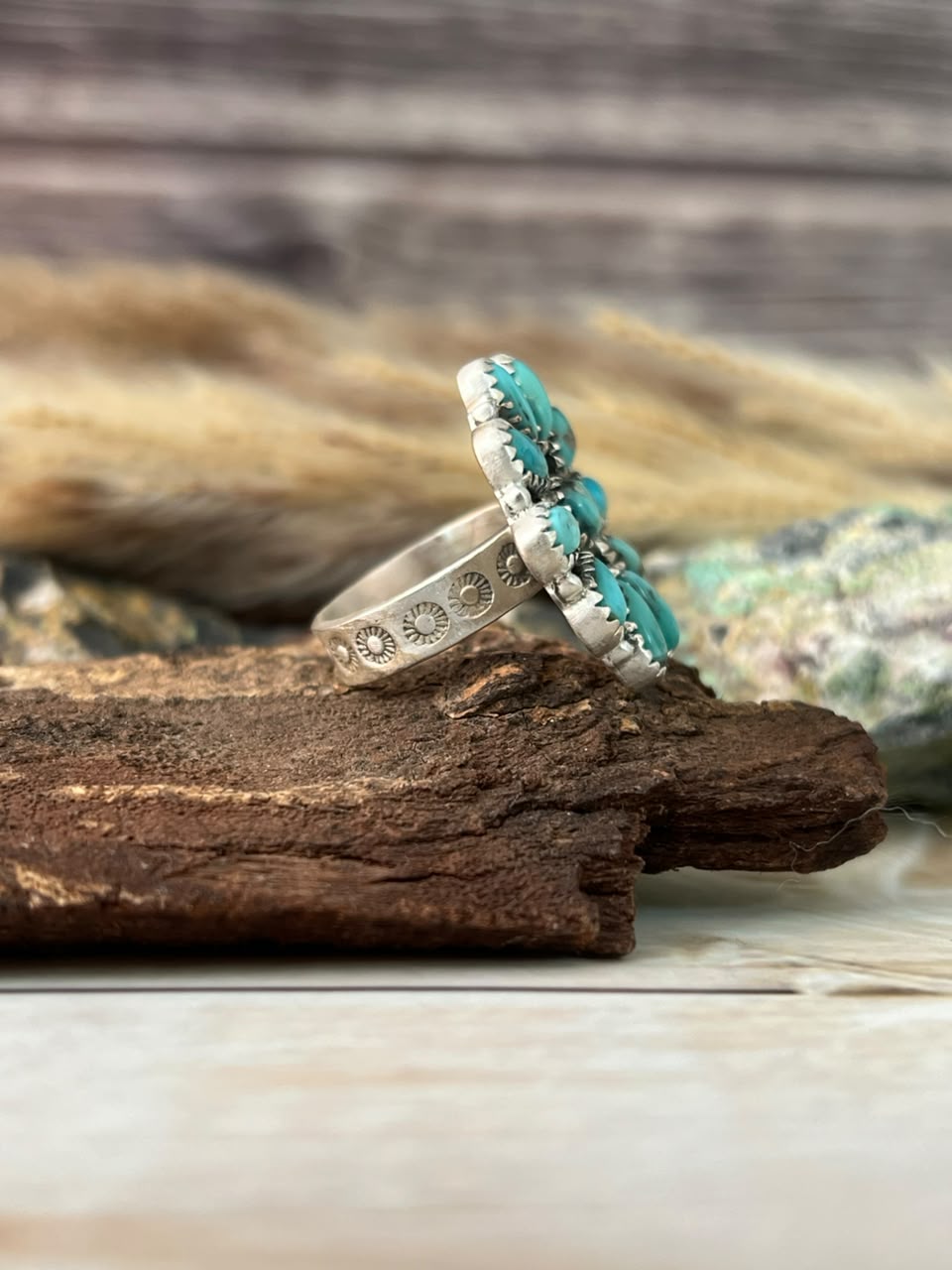 Handmade Sterling Silver Campitos Turquoise Adjustable Ring Signed Nizhoni