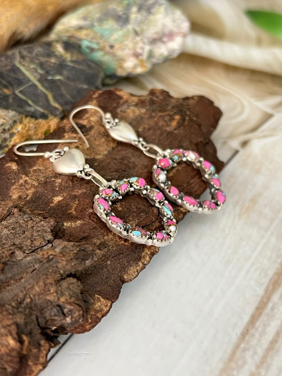 Handmade Sterling Silver Cotton Candy Heart Collection: Hook Dangle Earrings Signed Nizhoni