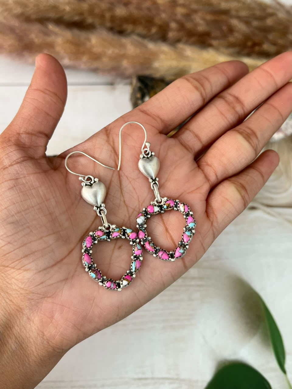 Handmade Sterling Silver Cotton Candy Heart Collection: Hook Dangle Earrings Signed Nizhoni