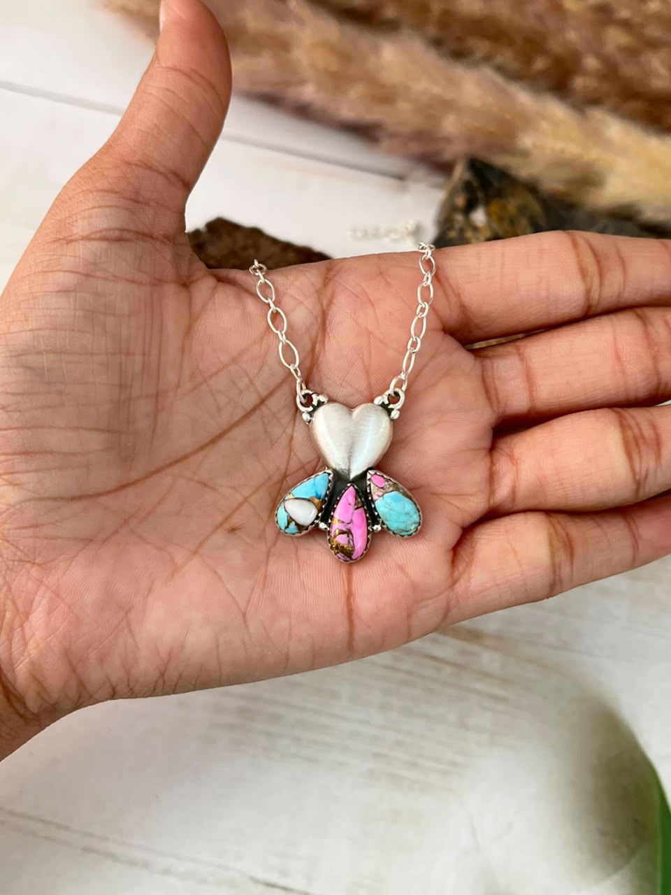 Handmade Sterling Silver Cotton Candy Heart Collection: Necklace Signed Nizhoni
