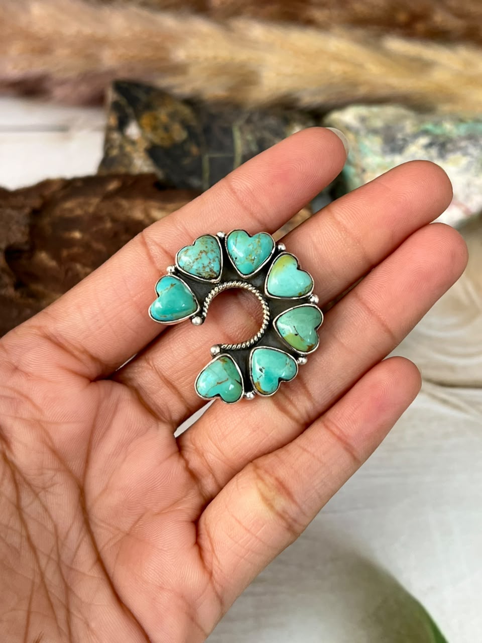 Handmade Sterling Silver Kingman Turquoise Naja Heart Adjustable Ring Signed Nizhoni