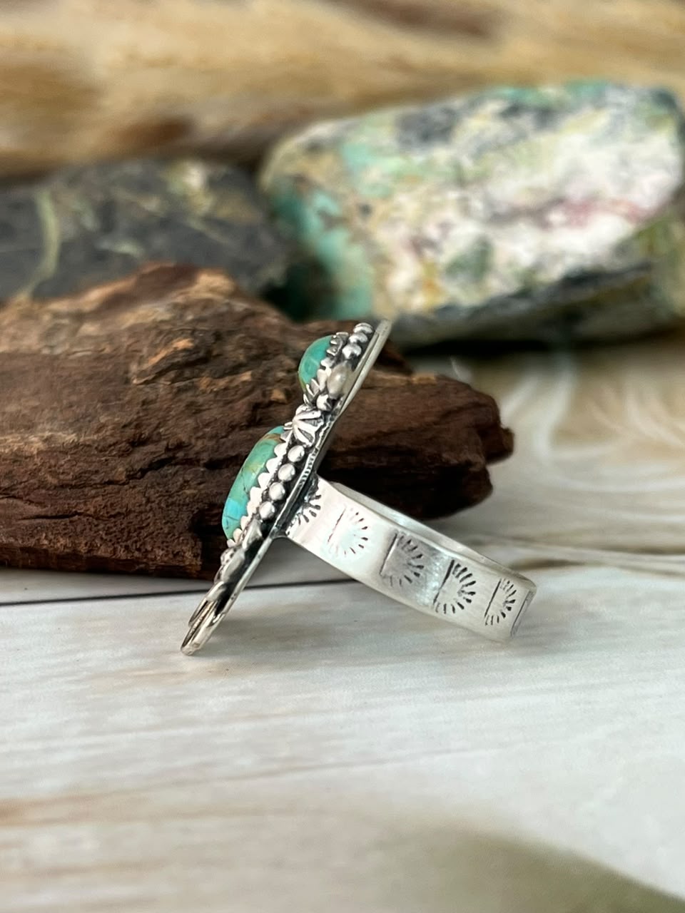 Handmade Sterling Silver Kingman Turquoise Hummingbird Adjustable Ring Signed Nizhoni