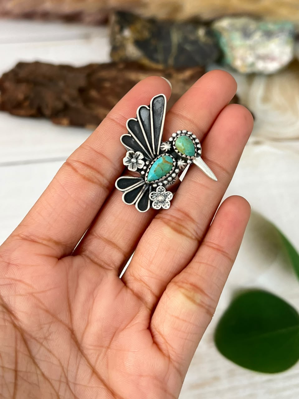 Handmade Sterling Silver Kingman Turquoise Hummingbird Adjustable Ring Signed Nizhoni