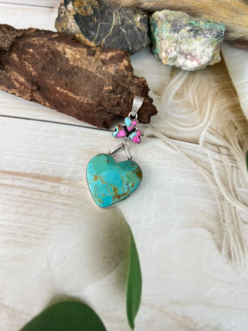 Handmade Sterling Silver Kingman Turquoise with Cotton Candy Heart Pendant Signed Nizhoni