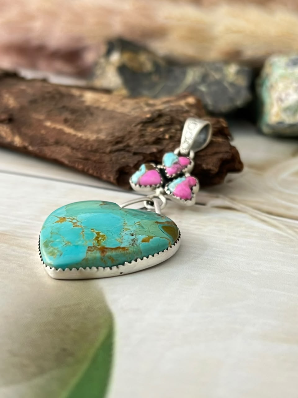 Handmade Sterling Silver Kingman Turquoise with Cotton Candy Heart Pendant Signed Nizhoni