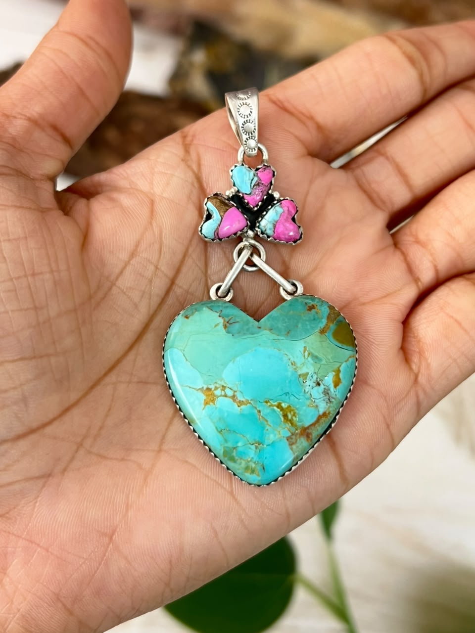 Handmade Sterling Silver Kingman Turquoise with Cotton Candy Heart Pendant Signed Nizhoni