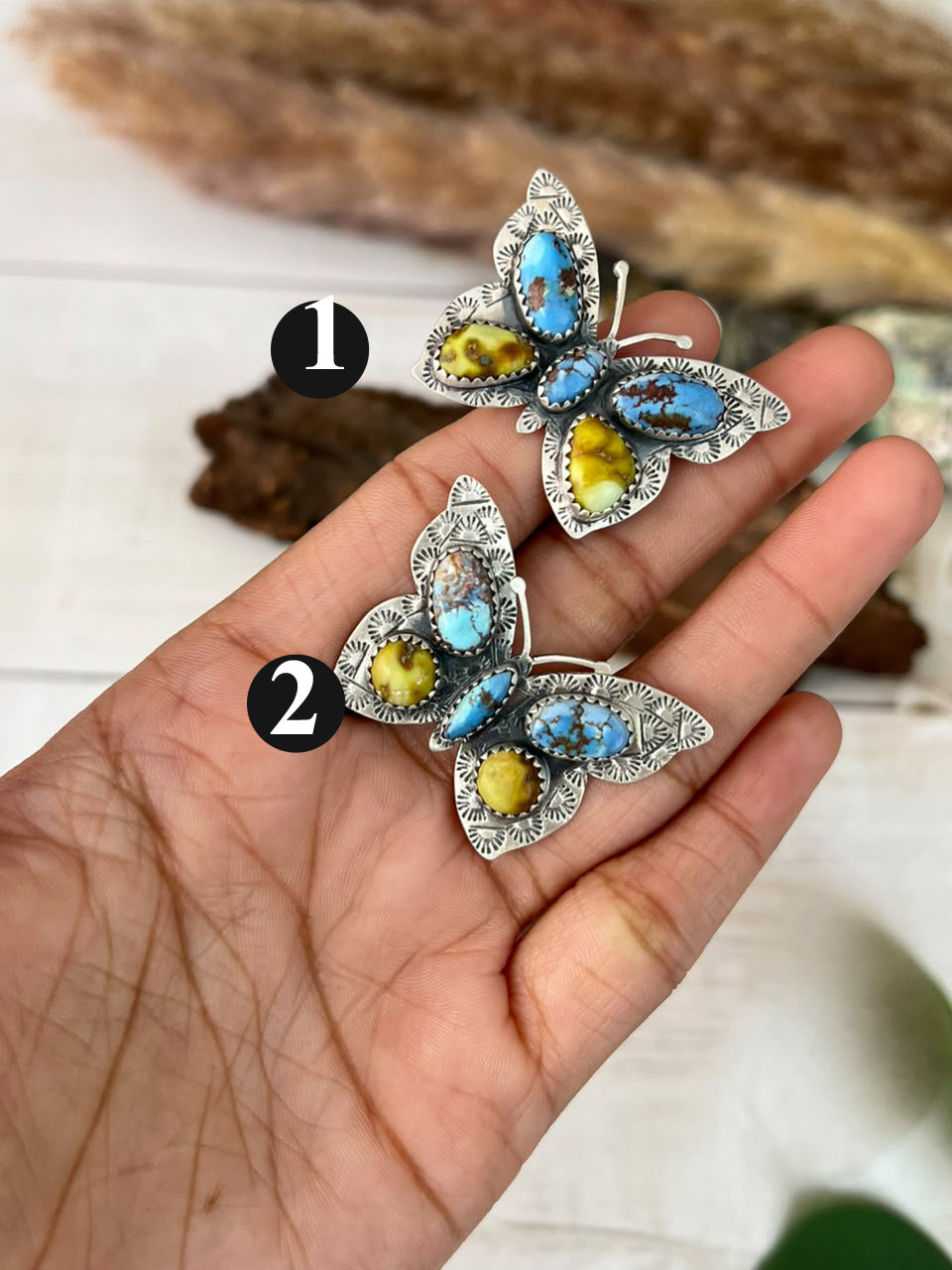 Handmade Sterling Silver Golden Hills with Palomino Turquoise Butterfly Adjustable Ring Signed Nizhoni