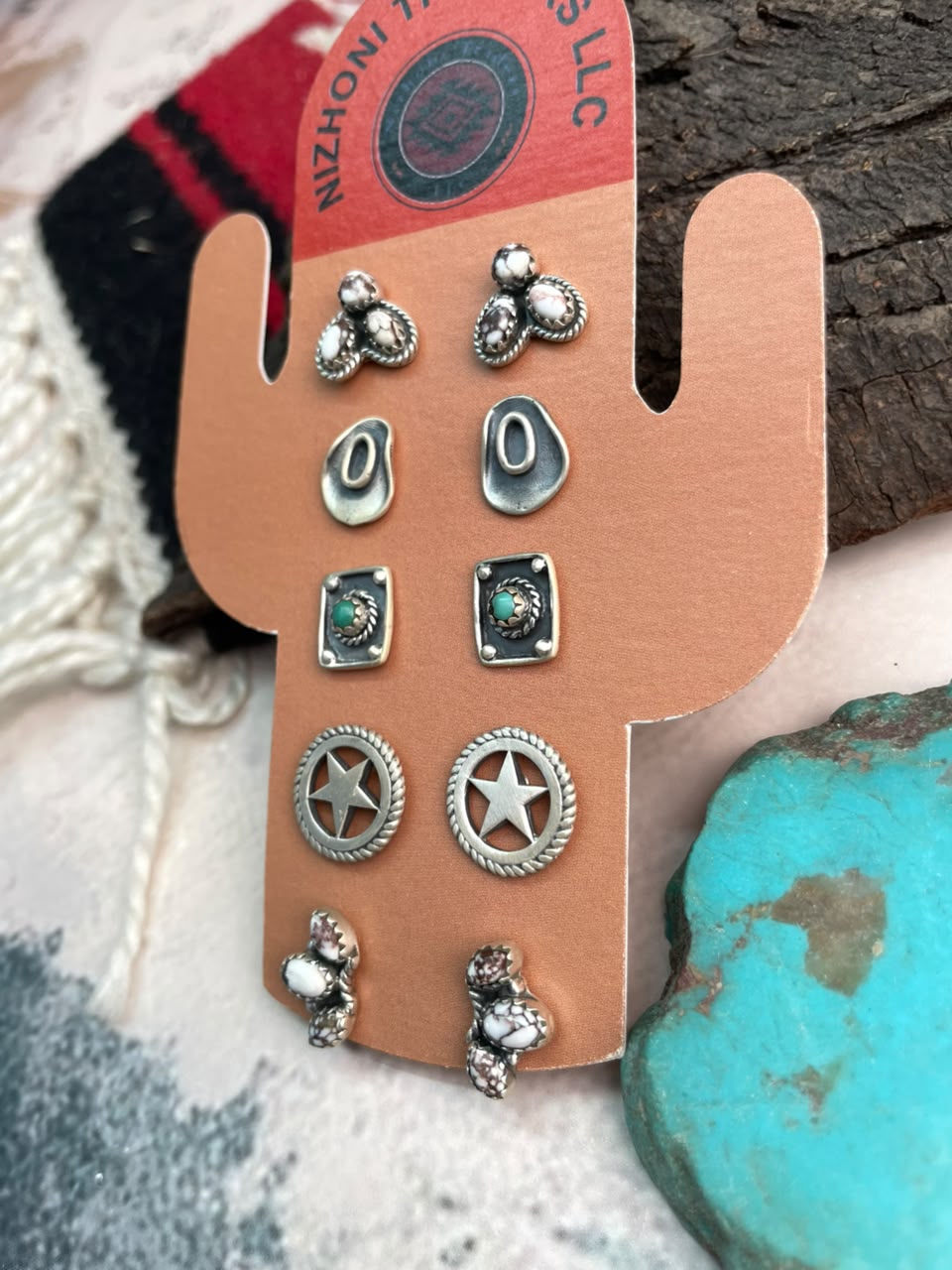 Handmade Sterling Silver Wildhorse Magnesite with Kingman Turquoise Post Studs Cards