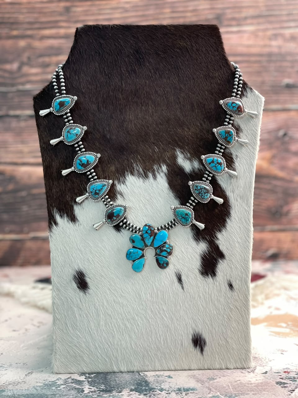 Handmade Sterling Silver Egyptian Turquoise Naja Squash Blossom Beaded Necklace Signed Nizhoni