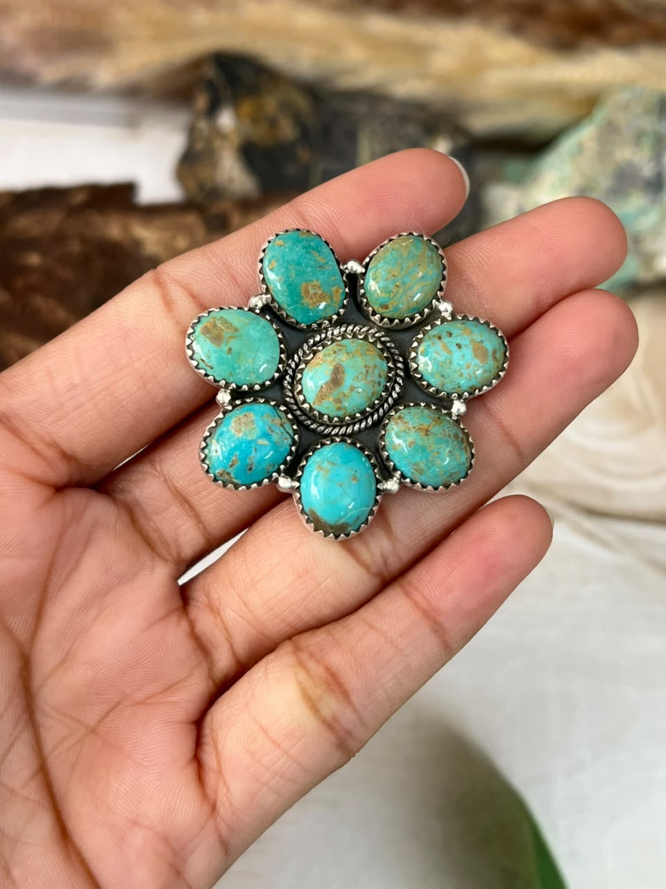 Handmade Sterling Silver Cripple Creek Turquoise Adjustable Ring Signed Nizhoni