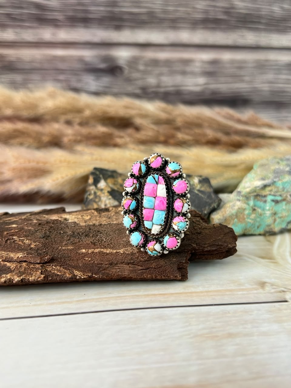 Handmade Sterling Silver Cotton Candy Cobble Stone Adjustable Ring Signed Nizhoni
