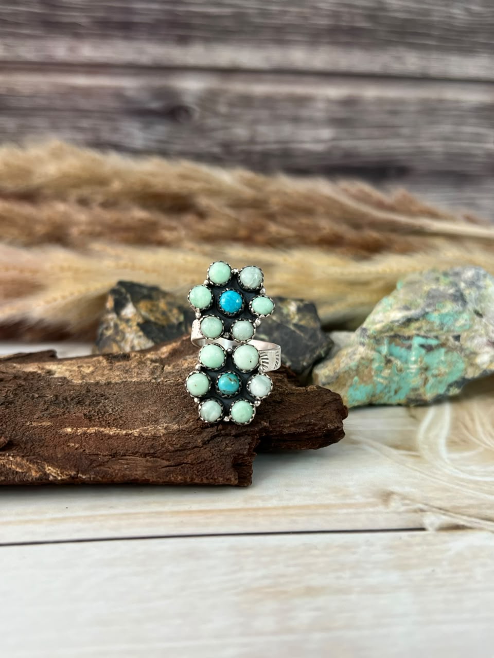 Handmade Sterling Silver Paloma with Kingman Turquoise Adjustable Ring Signed Nizhoni