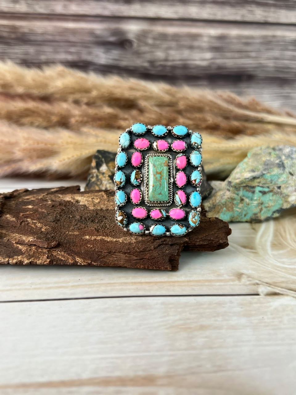 Handmade Sterling Silver Cotton Candy with Cripple Creek Turquoise Adjustable Ring Signed Nizhoni