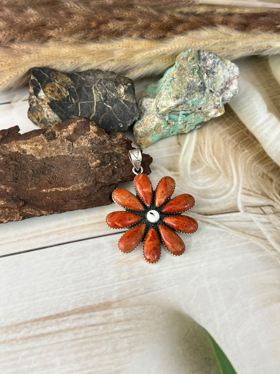 Handmade Sterling Silver Orange Mojave with White Buffalo Pendant Signed Nizhoni