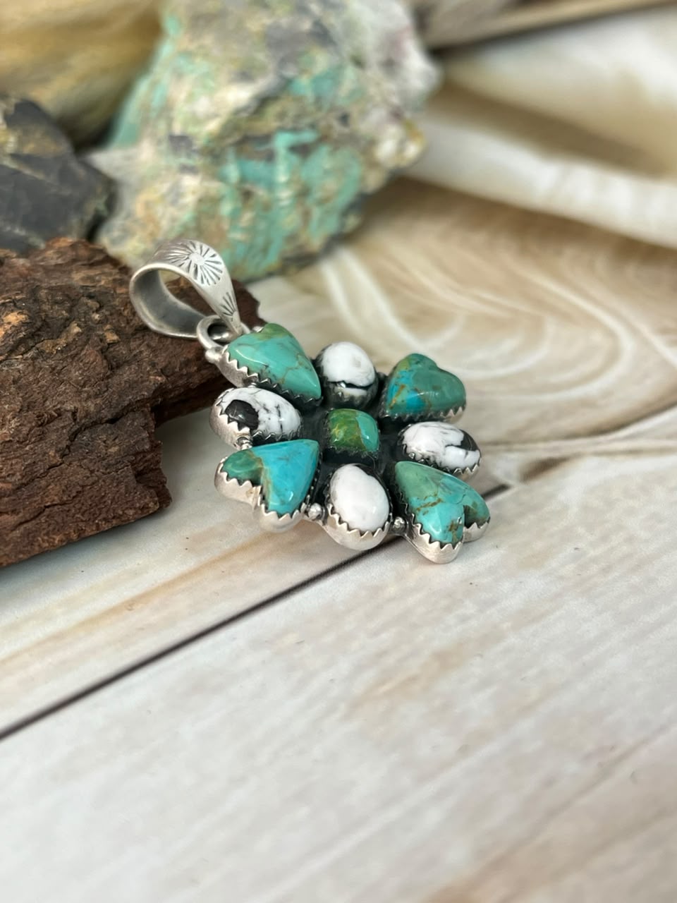Handmade Sterling Silver White Buffalo with Kingman Turquoise Pendant Signed Nizhoni