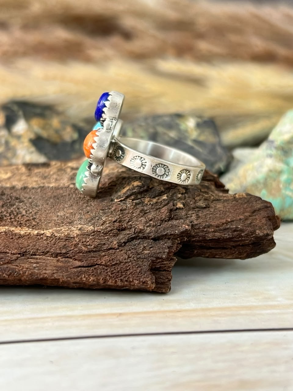 Handmade Sterling Silver Lapis with Kingman Turquoise, Orange Mojave and Cotton Candy Adjustable Ring Signed Nizhoni
