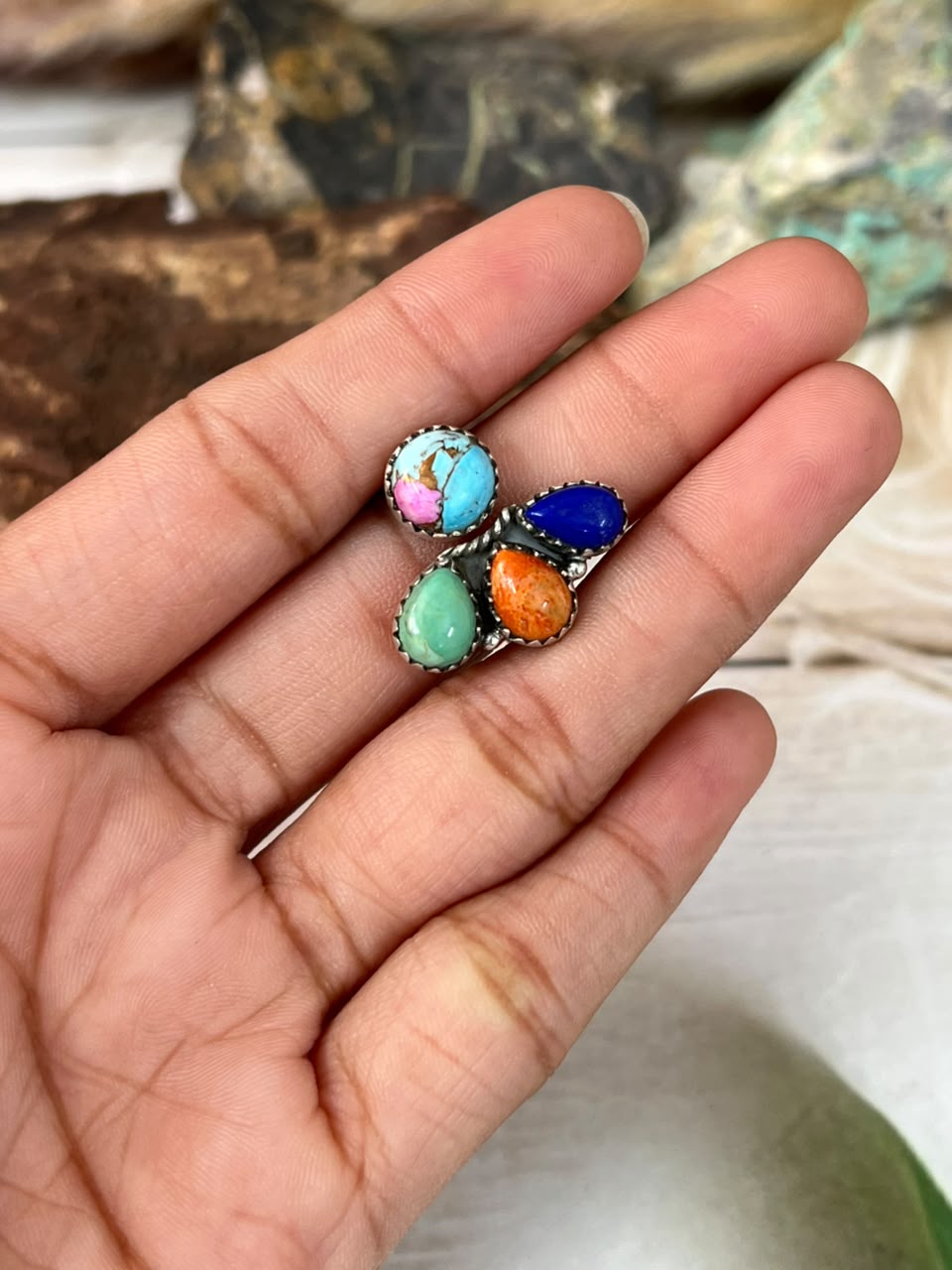 Handmade Sterling Silver Lapis with Kingman Turquoise, Orange Mojave and Cotton Candy Adjustable Ring Signed Nizhoni