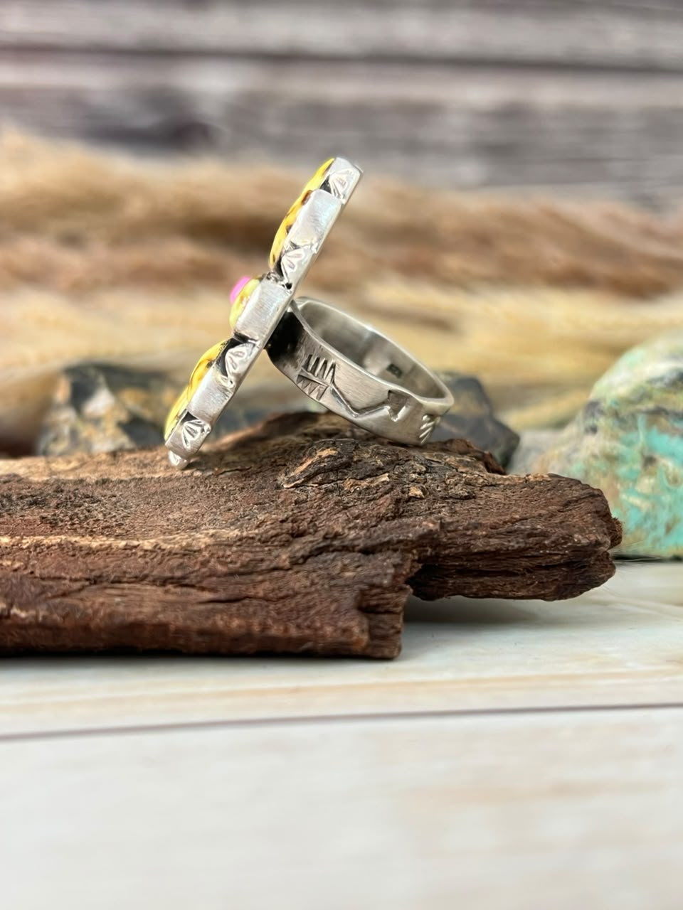 Handmade Sterling Silver Palomino Turquoise with Cotton Candy Adjustable Ring Signed Nizhoni
