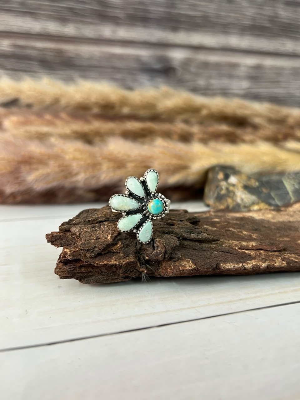 Handmade Sterling Silver Paloma with Kingman Turquoise Adjustable Ring Signed Nizhoni