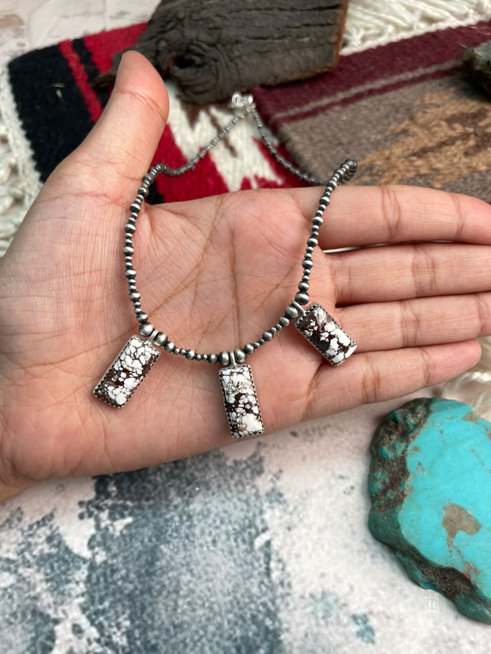 Handmade Sterling Silver Wildhorse Magnesite Beaded Necklace Signed Nizhoni