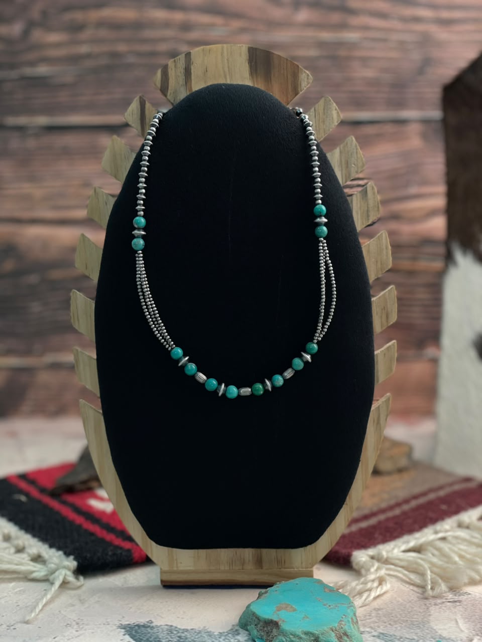 Handmade Sterling Silver Kingman Turquoise Beaded Necklace Signed Nizhoni