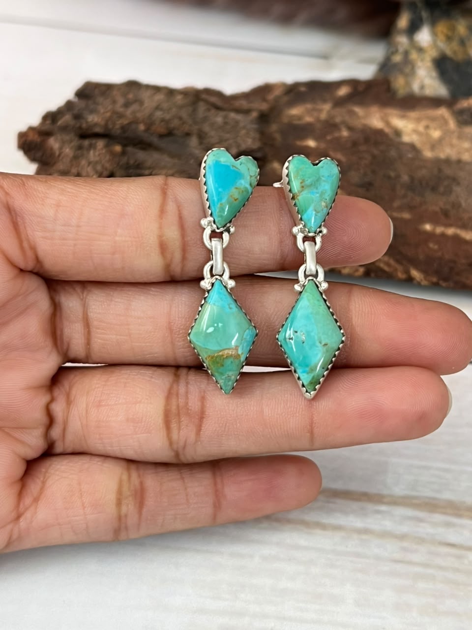 Handmade Sterling Silver Kingman Turquoise Post Dangle Heart Earrings Signed Nizhoni