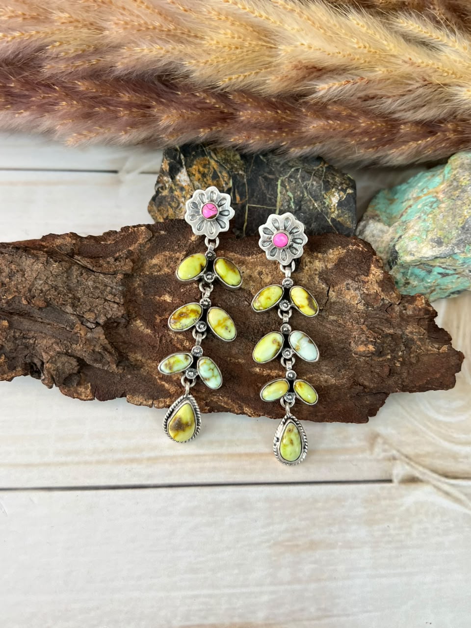 Handmade Sterling Silver Palomino Turquoise with Cotton Candy Post Dangle Earrings Signed Nizhoni