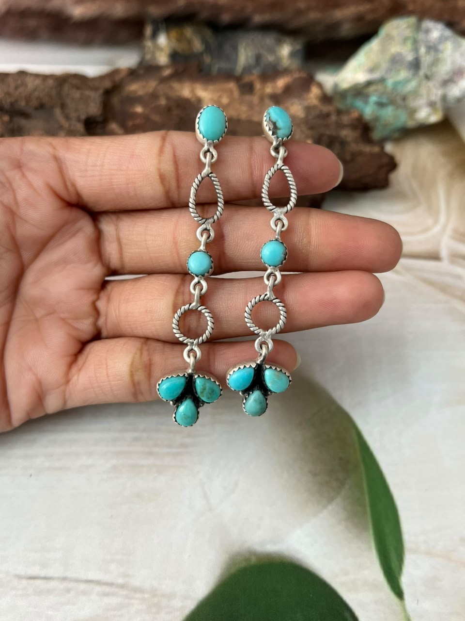 Handmade Sterling Silver Campitos Turquoise Post Dangle Earrings Signed Nizhoni