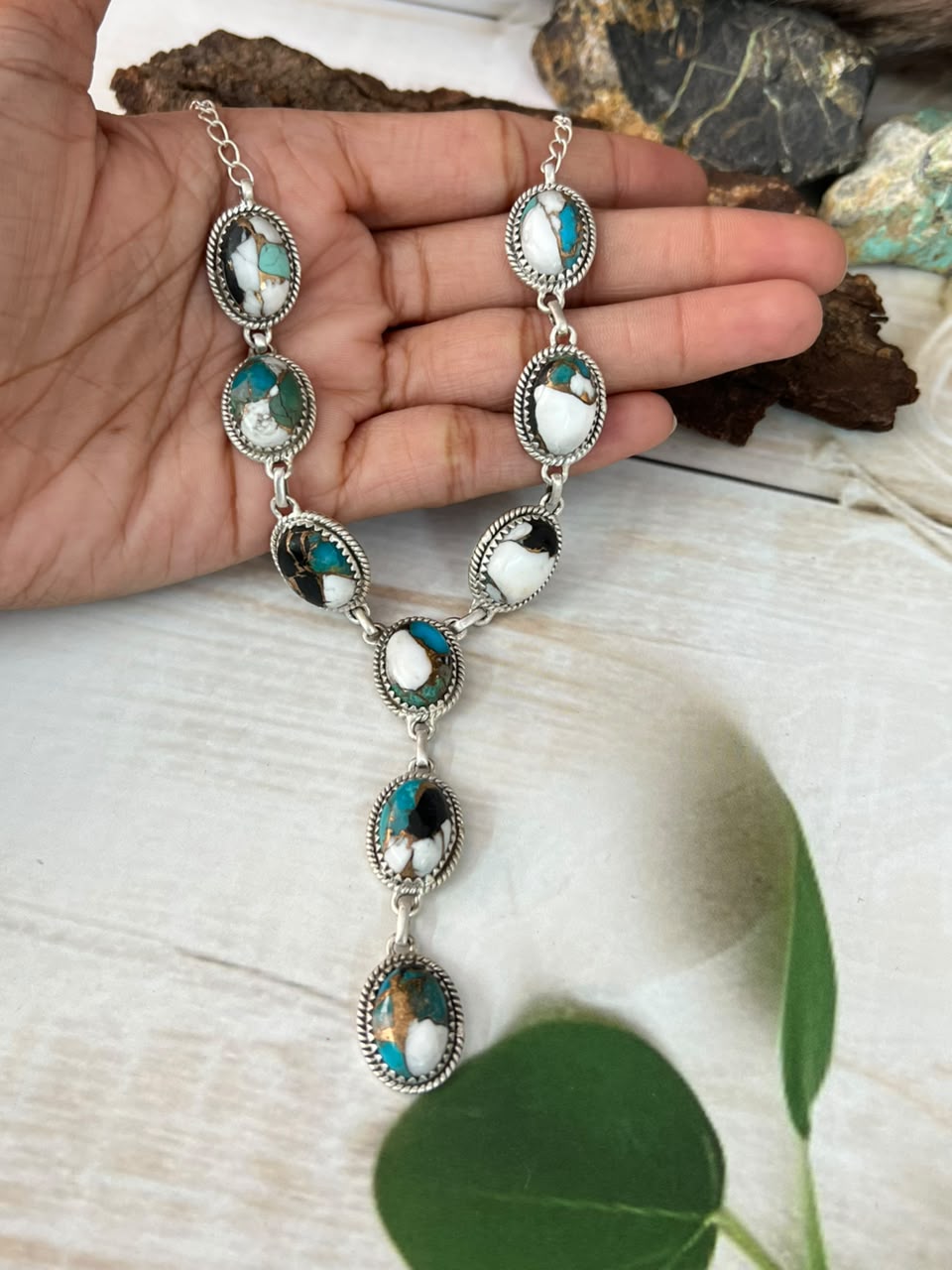 Handmade Sterling Silver Kingman with White Buffalo Turquoise Necklace Signed Nizhoni