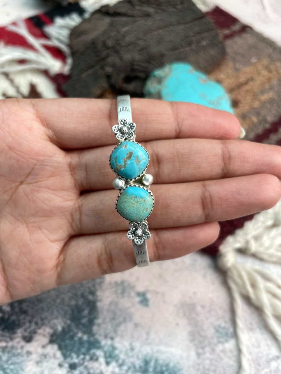 Handmade Sterling Silver Number 8 Turquoise Cuff Bracelet Signed Nizhoni