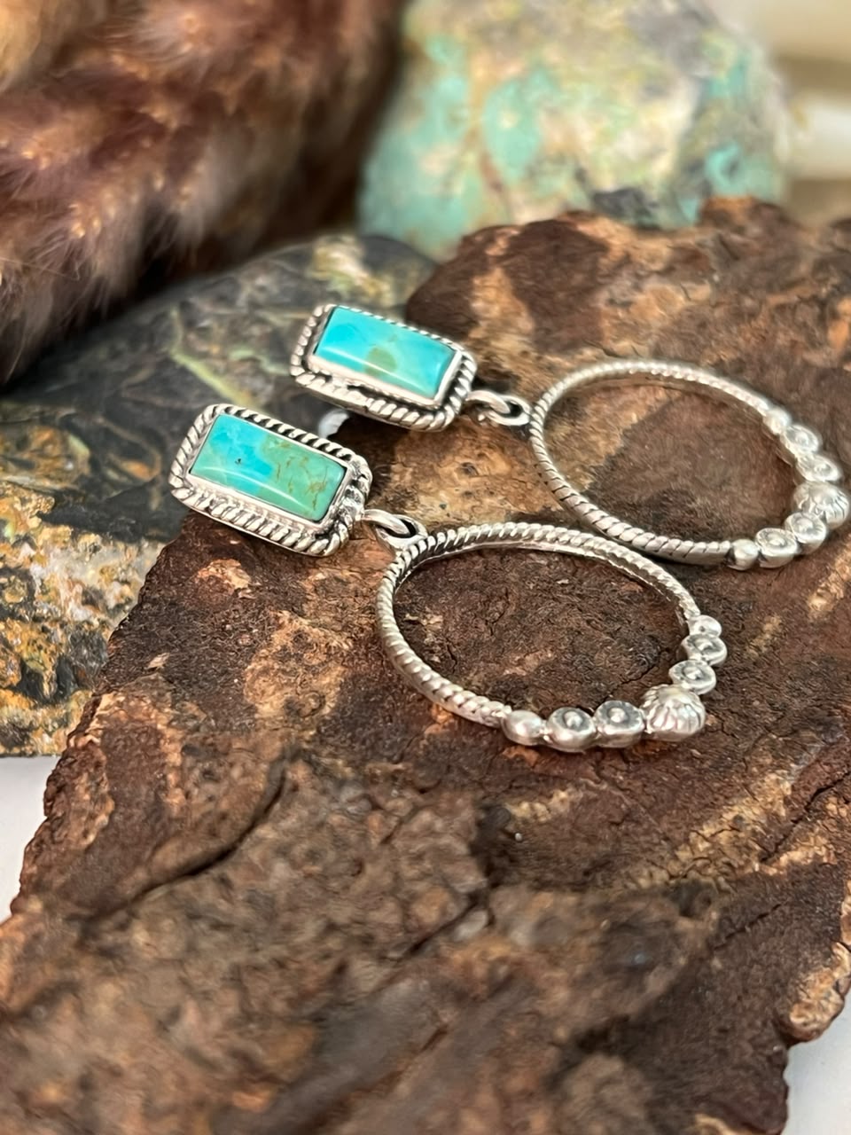 Handmade Sterling Silver Kingman Turquoise Post Dangle Earrings Signed Nizhoni