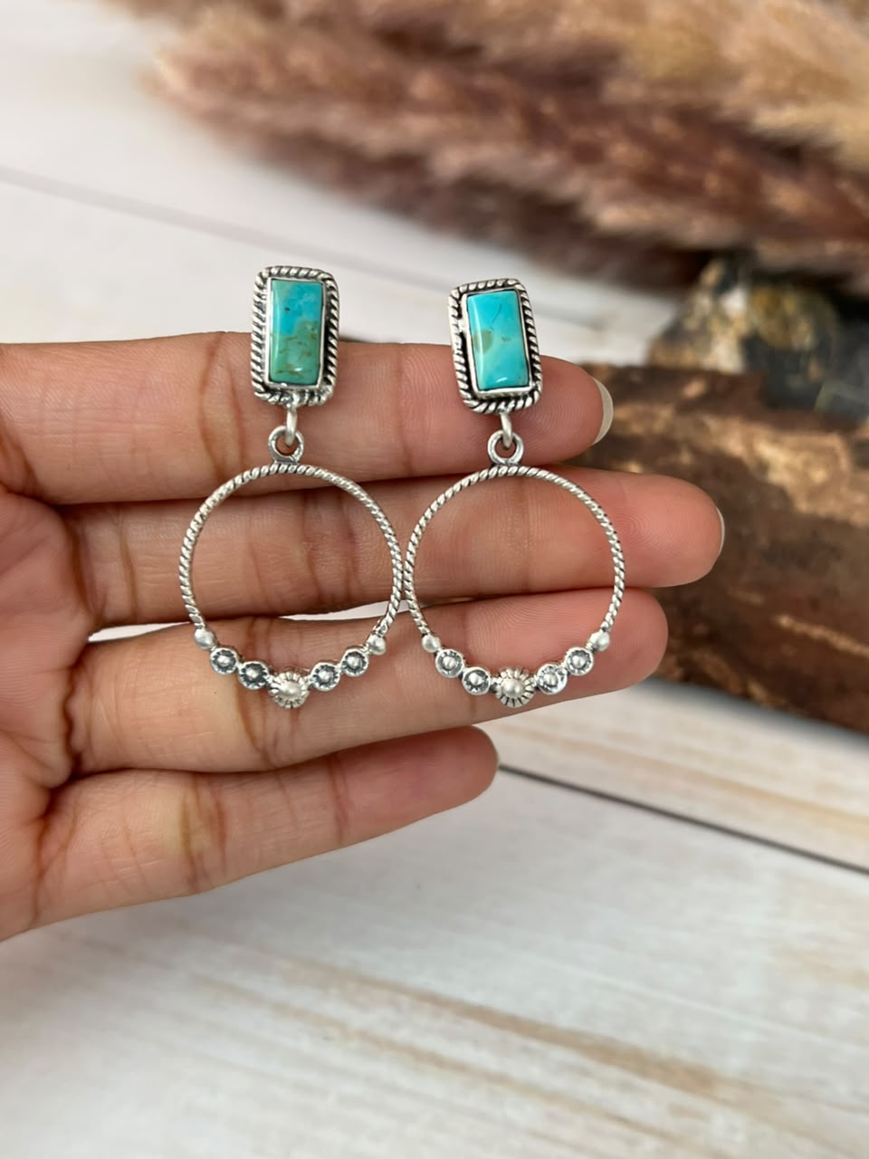 Handmade Sterling Silver Kingman Turquoise Post Dangle Earrings Signed Nizhoni