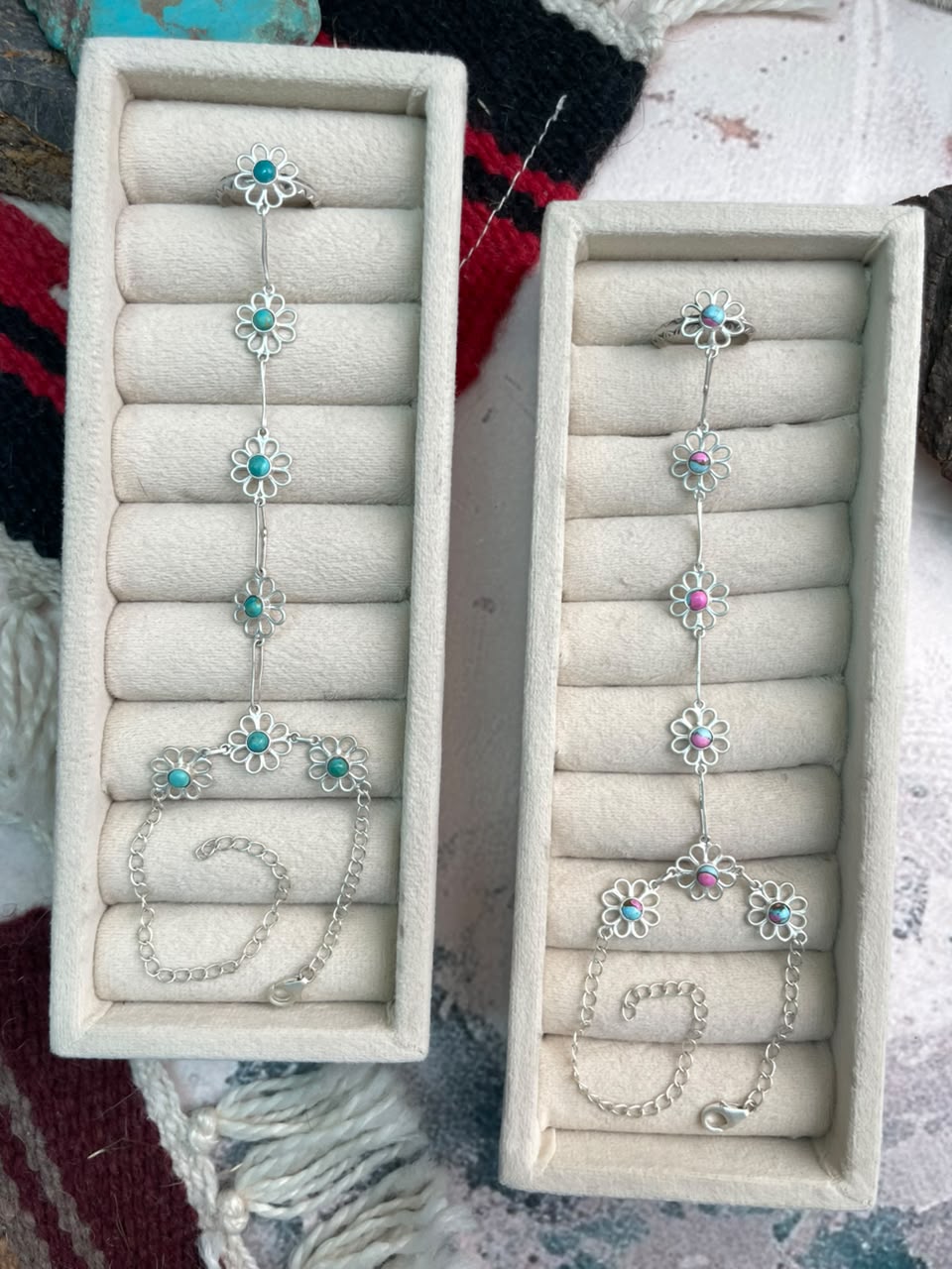 Handmade Sterling Silver Cotton Candy and Kingman Turquoise Flower Collection: Hand Harness
