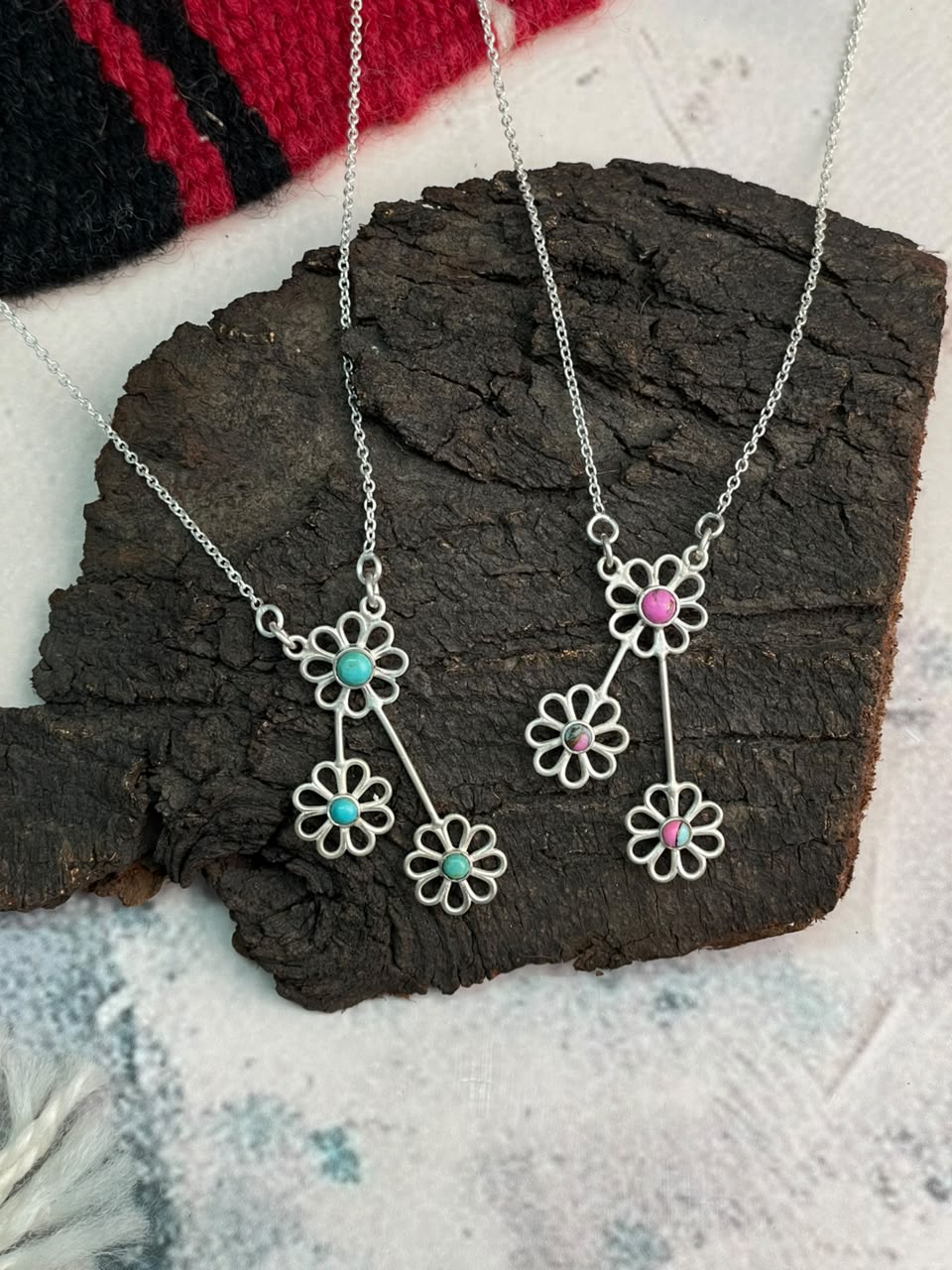 Handmade Sterling Silver Cotton Candy and Kingman Turquoise Flower Collection: Necklace