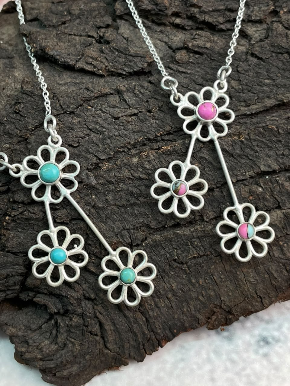 Handmade Sterling Silver Cotton Candy and Kingman Turquoise Flower Collection: Necklace