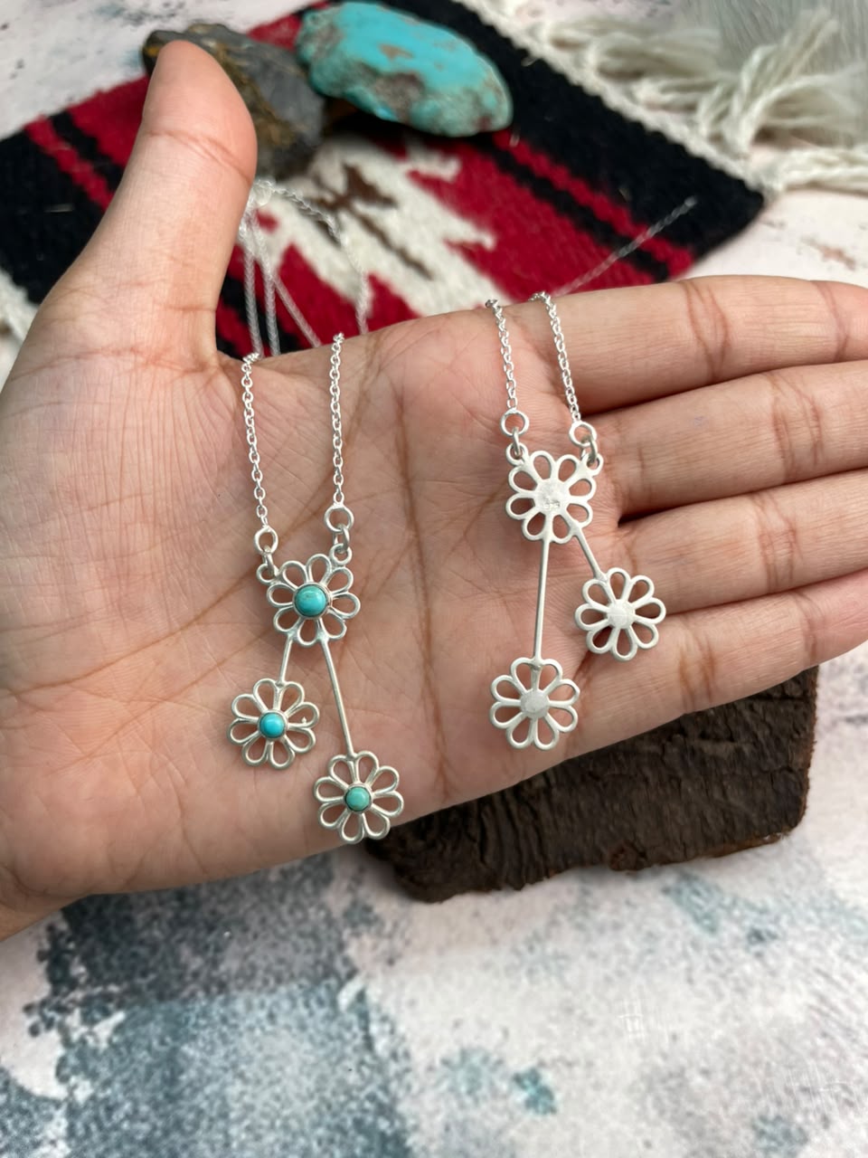 Handmade Sterling Silver Cotton Candy and Kingman Turquoise Flower Collection: Necklace