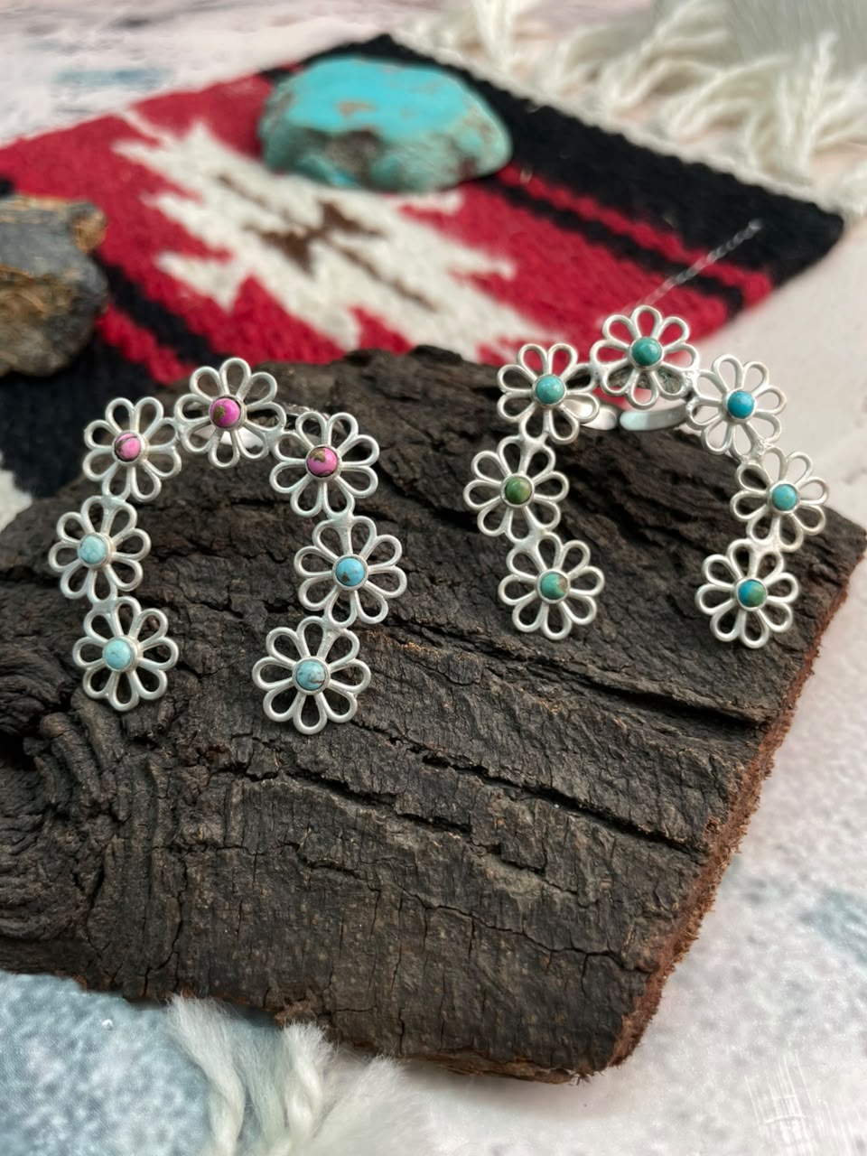 Handmade Sterling Silver Cotton Candy and Kingman Turquoise Flower Collection: Naja Adjustable Ring