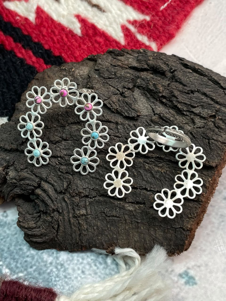 Handmade Sterling Silver Cotton Candy and Kingman Turquoise Flower Collection: Naja Adjustable Ring