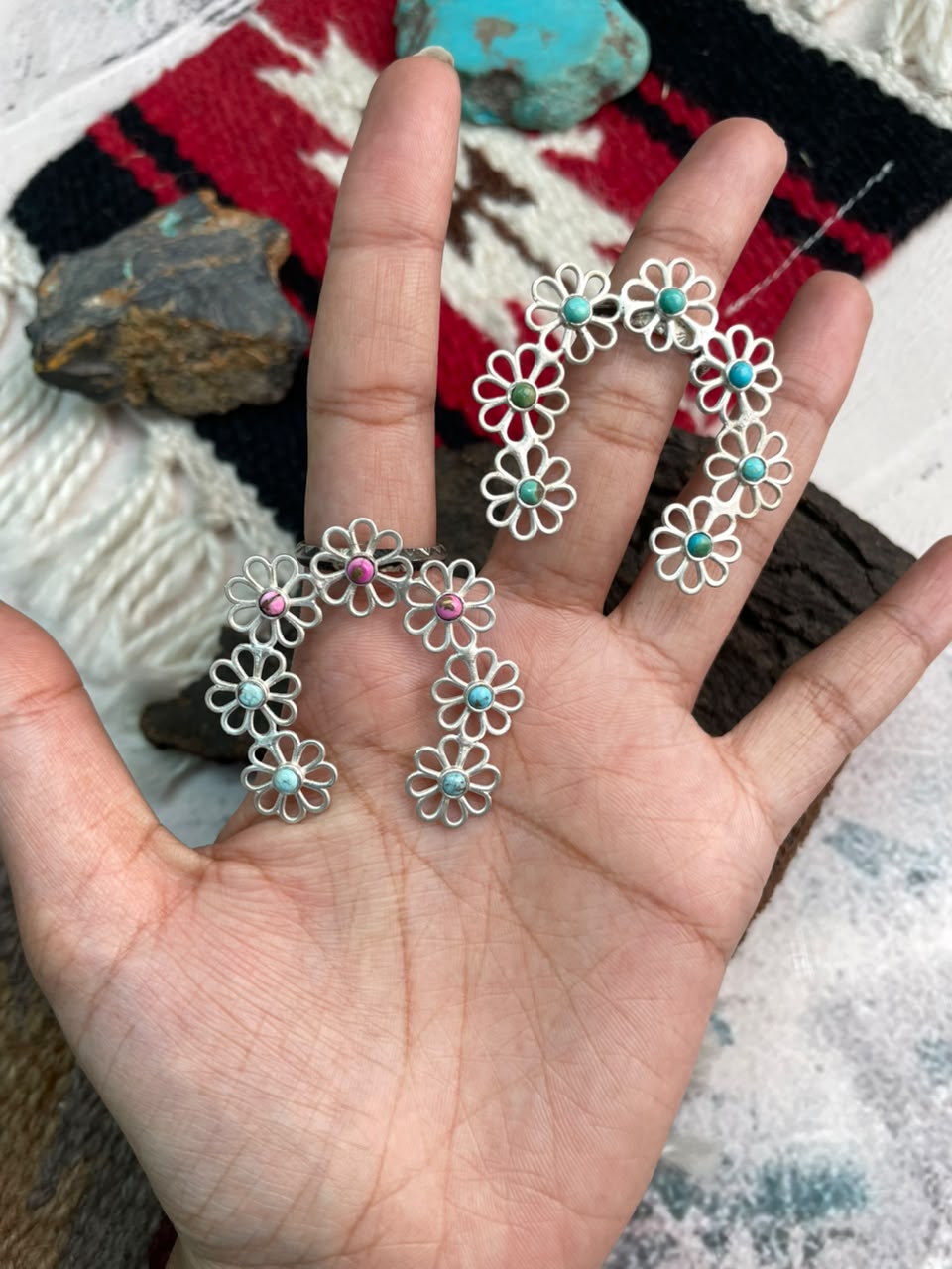 Handmade Sterling Silver Cotton Candy and Kingman Turquoise Flower Collection: Naja Adjustable Ring