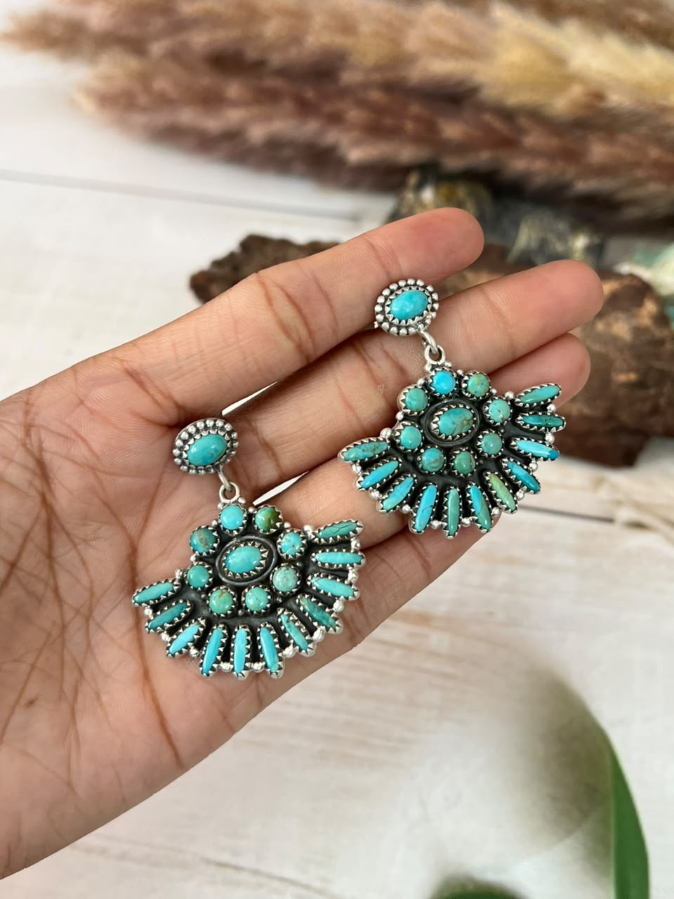 Handmade Sterling Silver Kingman Turquoise Post Dangle Earrings Signed Nizhoni