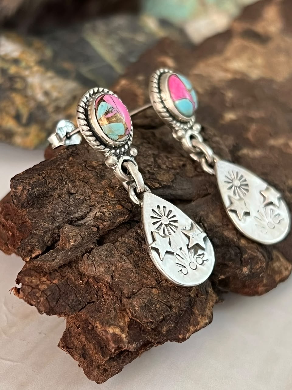 Handmade Sterling Silver Cotton Candy Post Dangle Earrings Signed Nizhoni