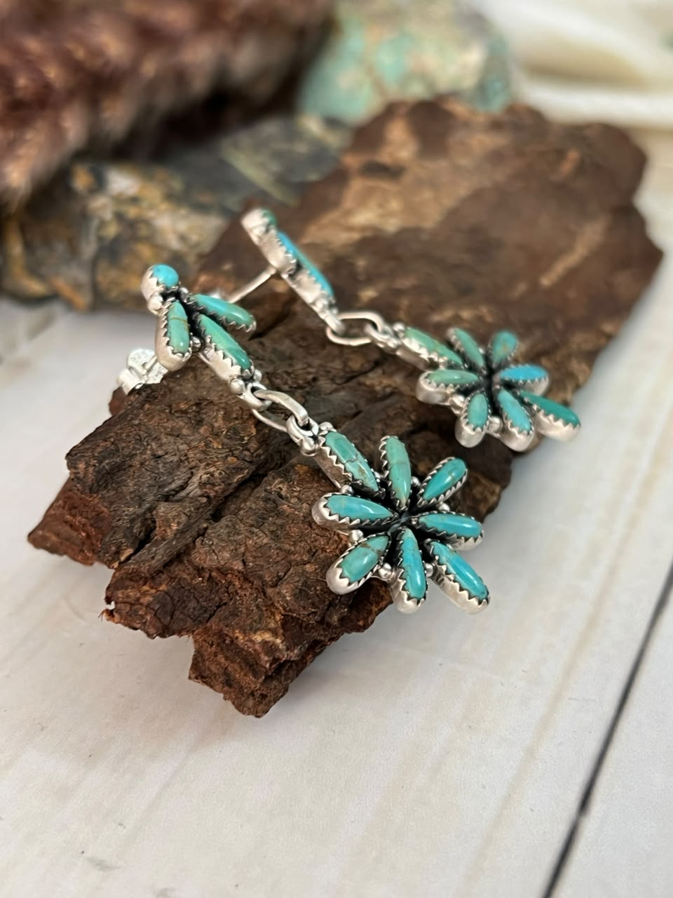 Handmade Sterling Silver Kingman Turquoise Post Dangle Earrings Signed Nizhoni