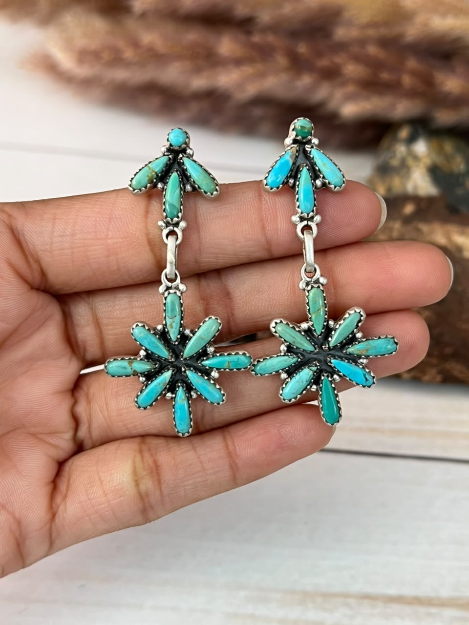 Handmade Sterling Silver Kingman Turquoise Post Dangle Earrings Signed Nizhoni