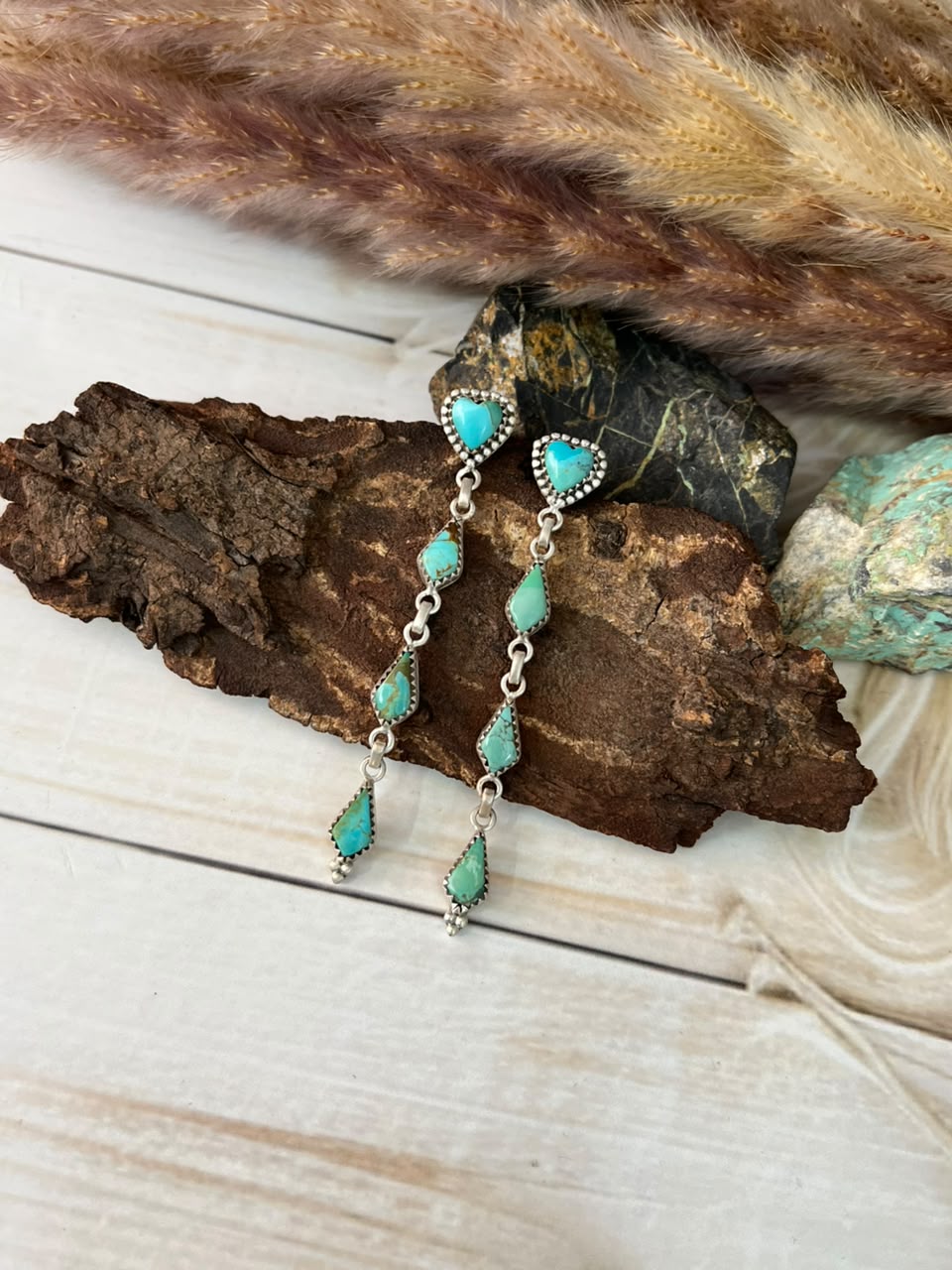 Handmade Sterling Silver Kingman Turquoise Post Dangle Heart Earrings Signed Nizhoni