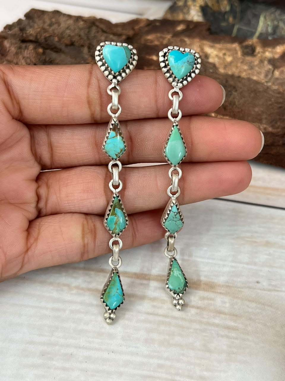 Handmade Sterling Silver Kingman Turquoise Post Dangle Heart Earrings Signed Nizhoni