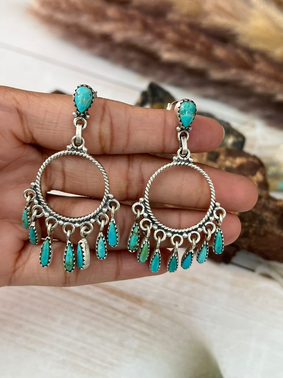 Handmade Sterling Silver Kingman Turquoise Post Dangle Earrings Signed Nizhoni