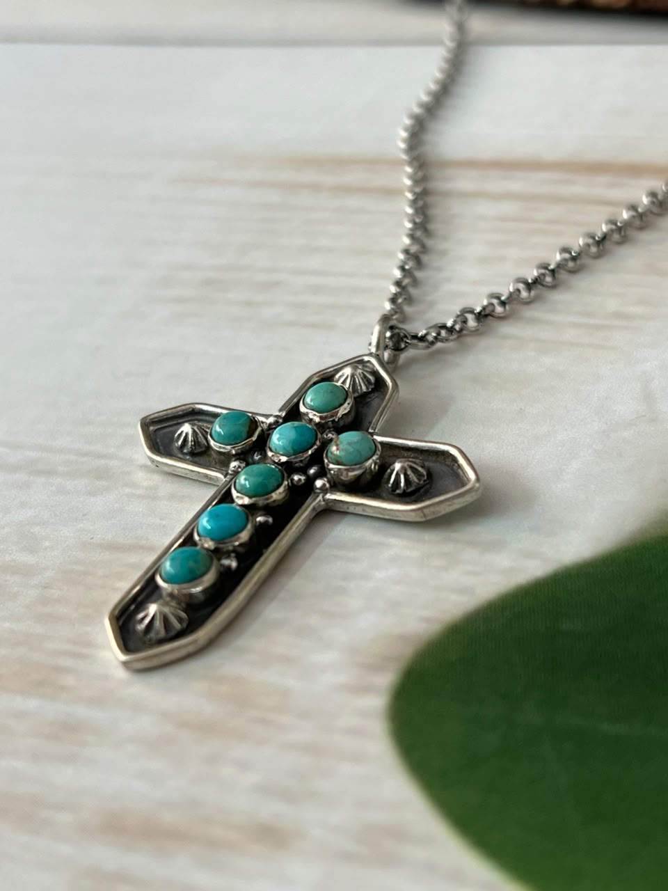Handmade Sterling Silver Kingman Turquoise Cross Necklace Signed Nizhoni